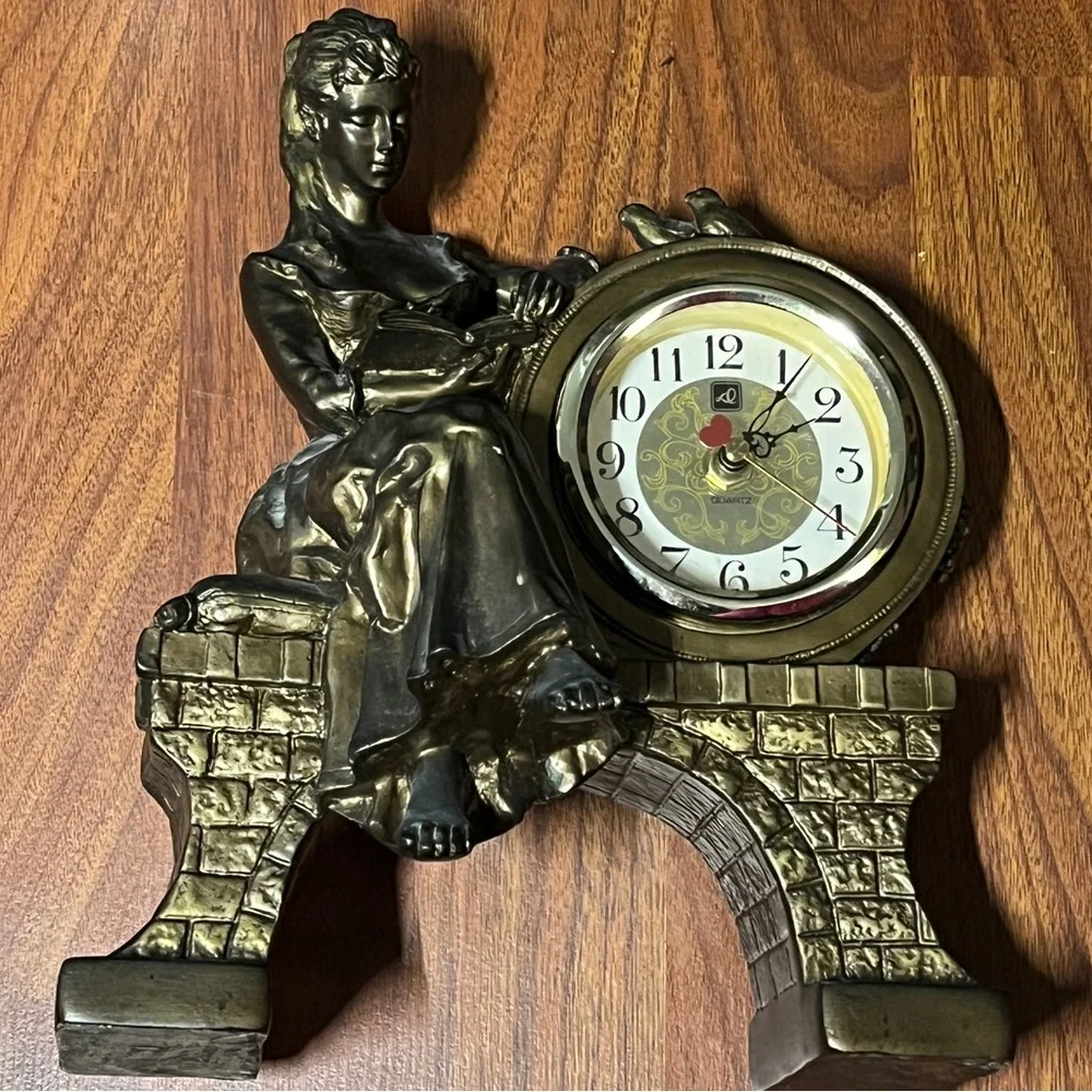 Vintage Victorian Lady Figural Clock Bronze Tone Mantel Decor Taiwan ‼️WORKS‼️